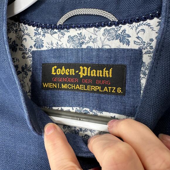 Loden Plankl Denim Blue Linen Band Neck Silver Decorative Buttons Blazer Jacket - Picture 8 of 12